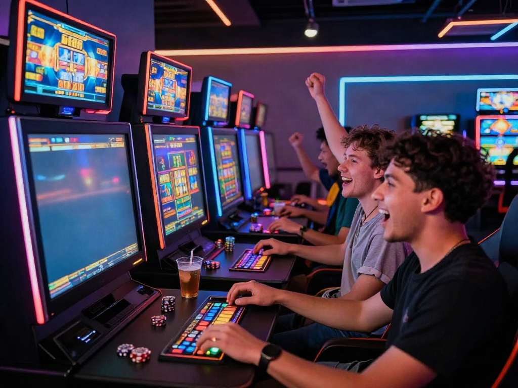 Excited friends enjoying a lively online slot gaming experience in a modern lounge.