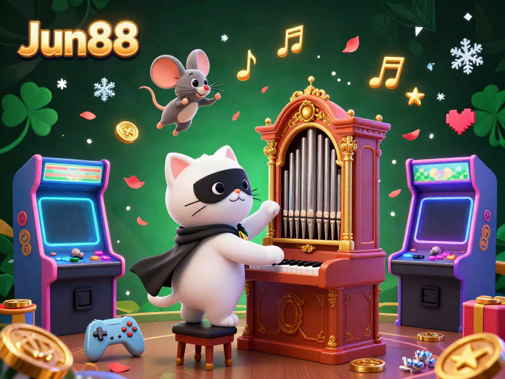 Experience the thrilling world of Jun88 with a whimsical casino scene featuring a phantom cat at a grand organ.