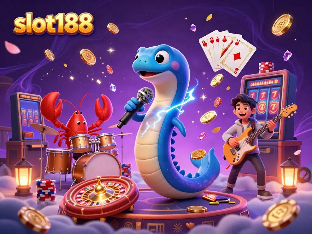 Permainan seru slot188 dengan listrik dan alat musik di panggung kasino bawah laut.