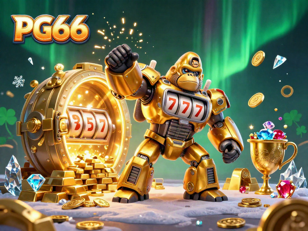 Experience the excitement of PG66 with a dynamic 3D golden gorilla mech unleashing coins, showcasing vibrant casino elements.
