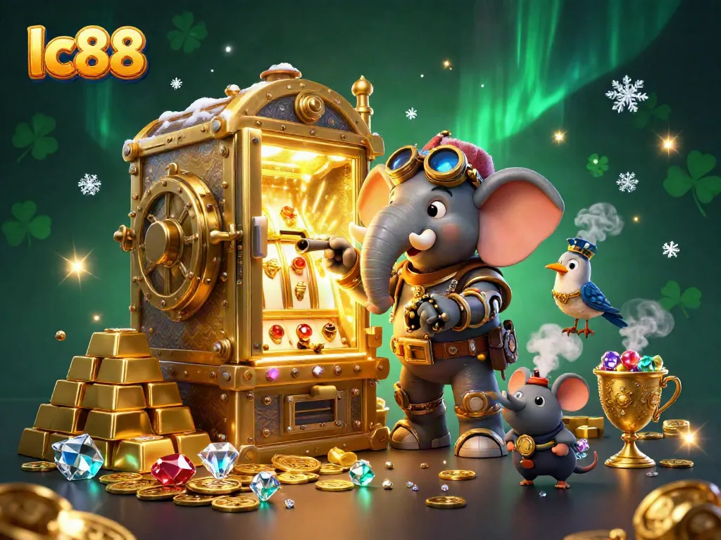 Spin and win with lc88 in a vibrant casino scene featuring a steampunk elephant engineer.