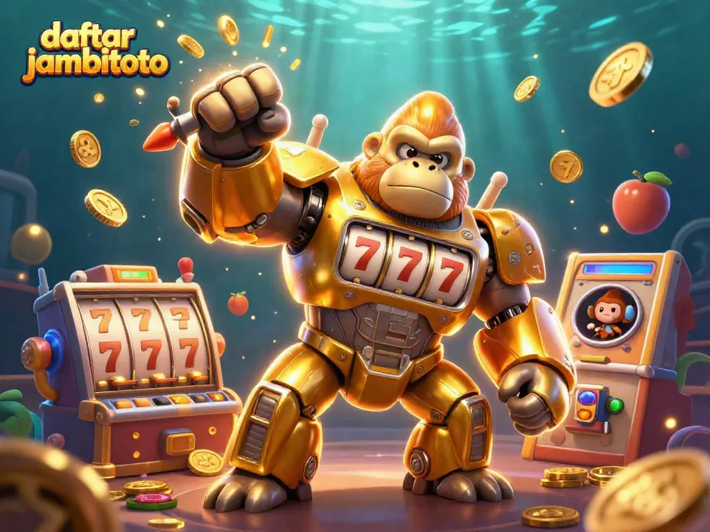 Engage in daftar jambitoto with a unique golden gorilla mech launching coins in this vibrant gaming scene.