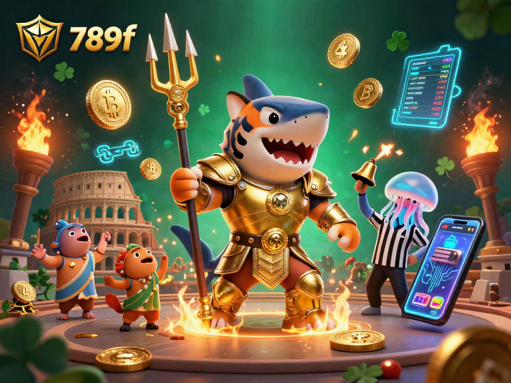 Engage with 789f in this dynamic underwater casino scene featuring a tiger shark and crypto-themed elements.