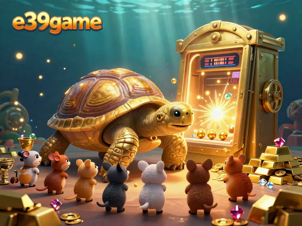 Experience the excitement of gaming at e39game with a stunning golden tortoise pinball scene, shimmering treasures, and joyful creatures.