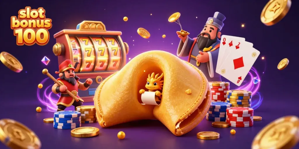 Engage in the thrill of slot bonus 100 with a vibrant casino scene filled with golden coins and exciting characters.
