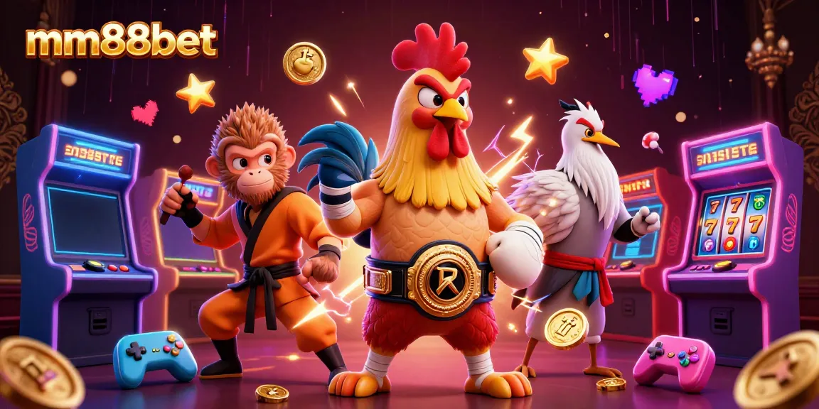 Experience thrilling online gaming with mm88bet's vibrant casino illustration, featuring dynamic characters and game elements.
