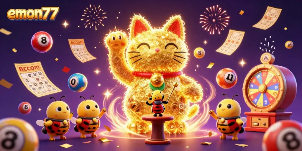 Play exciting games at emon77 with a vibrant lucky cat and dynamic casino symbols.