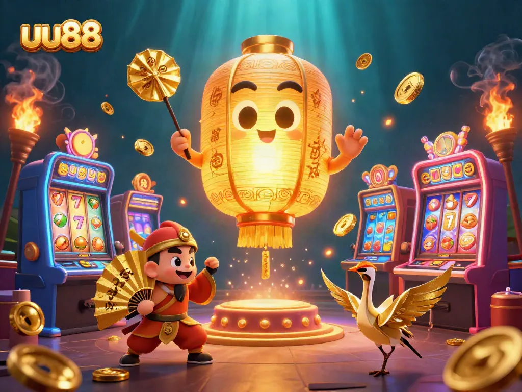 Experience the magic of uu88 as a golden lantern spirit floats above vibrant slot machines at an animated casino.