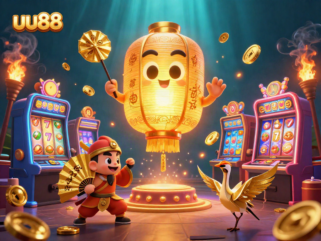 Experience the magic of uu88 as a golden lantern spirit floats above vibrant slot machines at an animated casino.