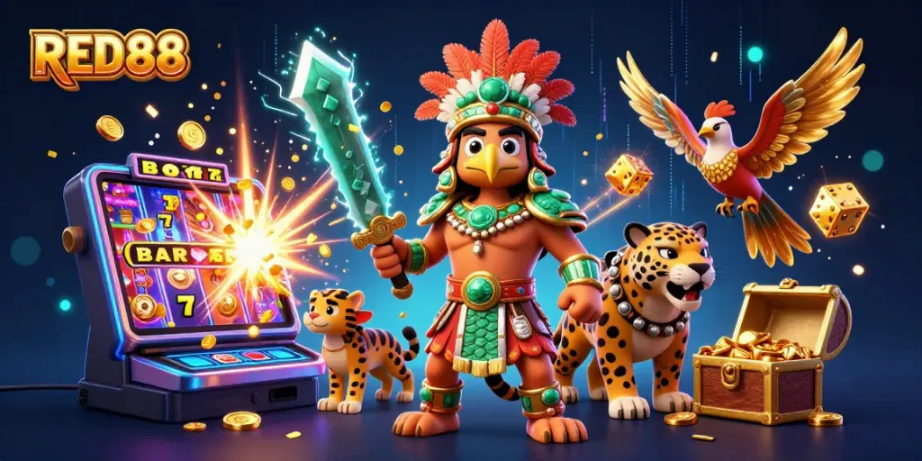 Experience the thrill of RED88 with dynamic slot machines and vibrant 3D heroes in this captivating casino scene.