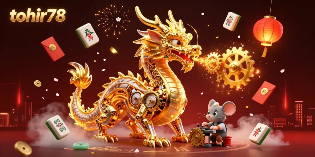 Engage with tohir78 by exploring a vibrant 3D illustration featuring a golden dragon and various casino elements.