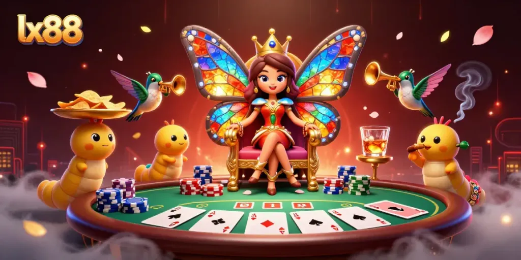 Engage in the exciting world of lx88 poker with a vibrant 3D illustration featuring colorful characters and dynamic gameplay elements.