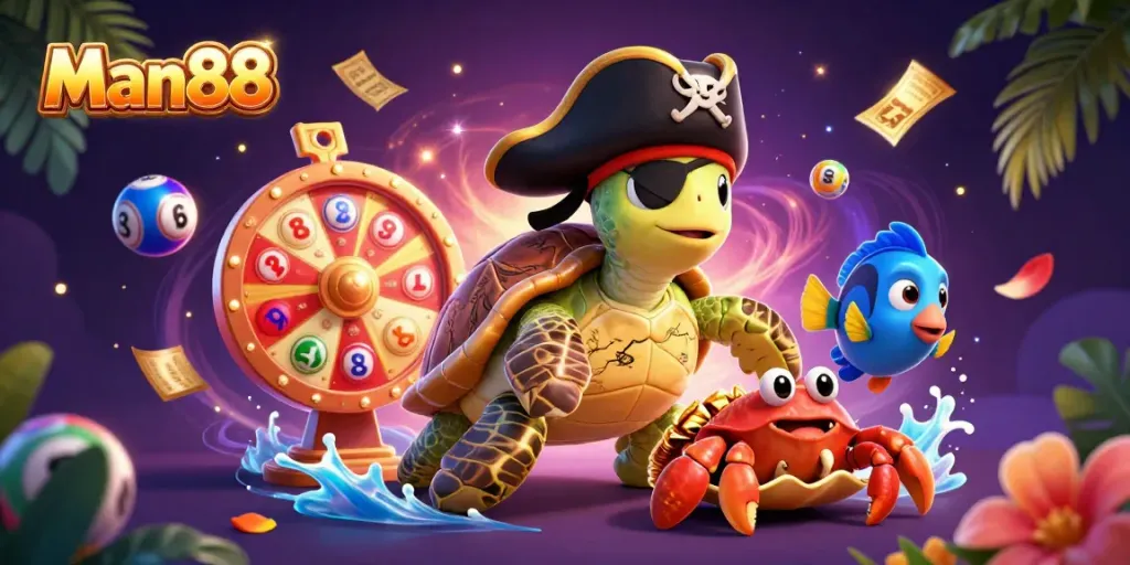 Engage with Man88's vibrant casino world through this energetic 3D illustration featuring exciting gambling elements.