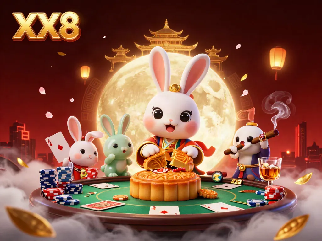 Engage in the thrill of XX8 gaming with a dynamic scene featuring a moon rabbit and poker chips.