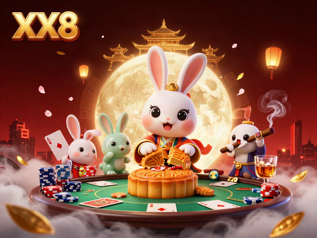 Engage in the thrill of XX8 gaming with a dynamic scene featuring a moon rabbit and poker chips.
