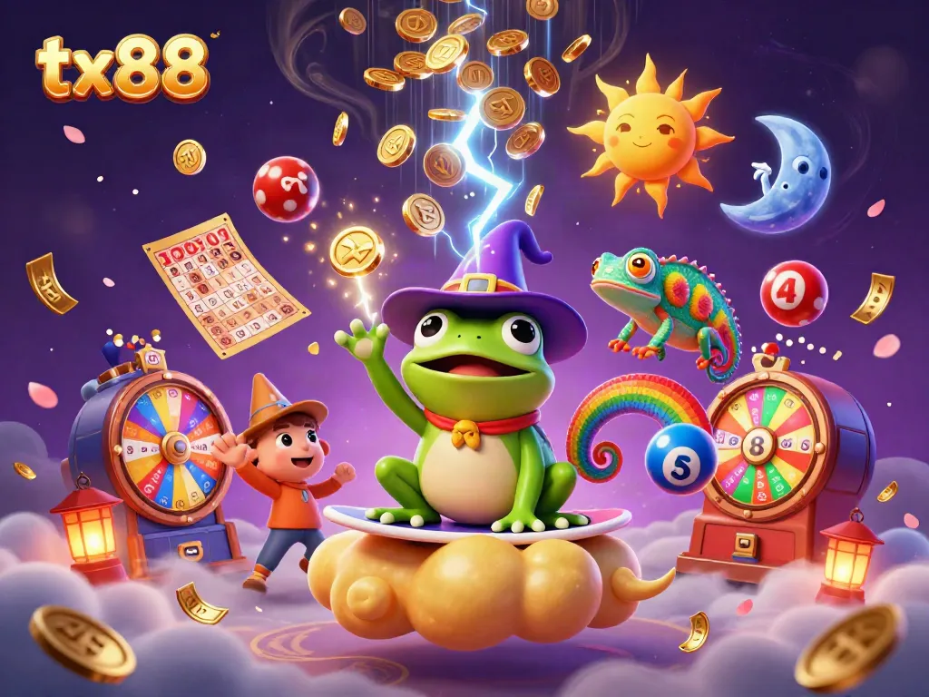 Experience the excitement of tx88 with a vibrant illustration of a wizard frog and chameleon amidst bounty and cheerful gaming elements.