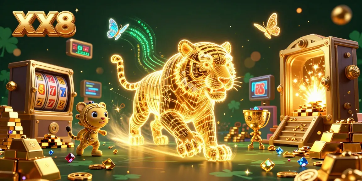 Experience the dynamic digital casino atmosphere of XX8 with a neon-wireframe tiger amidst golden jackpots.