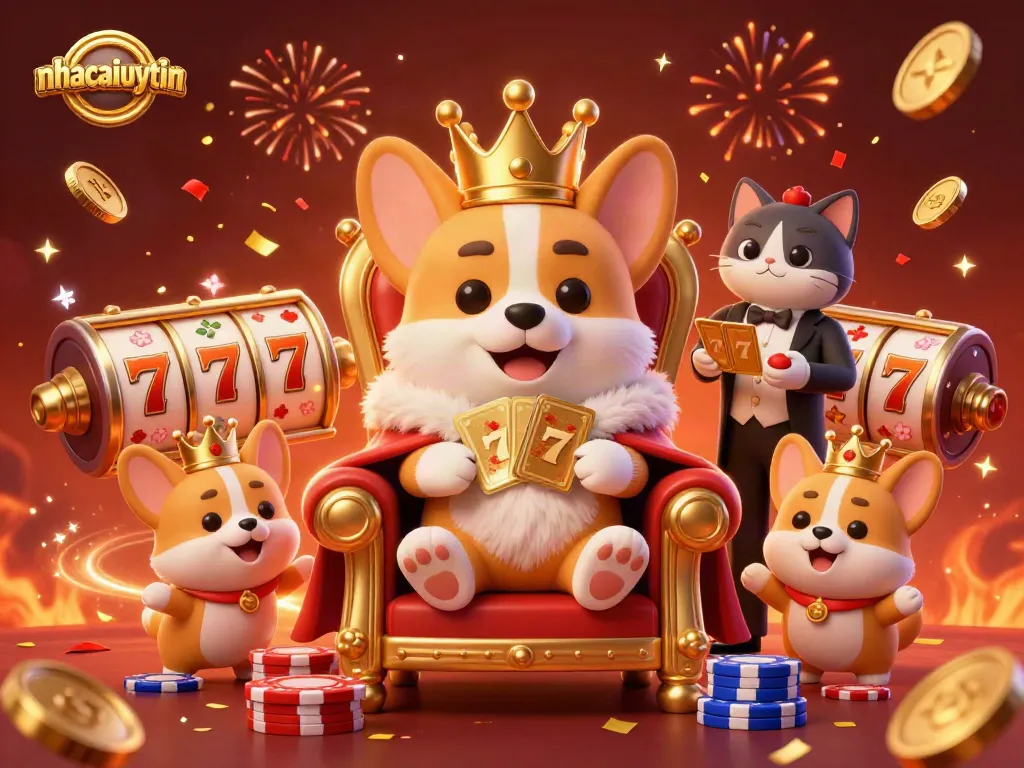 Experience excitement with nhacaiuytin's vibrant corgi-themed casino illustration, showcasing engaging slot elements and festive energy.