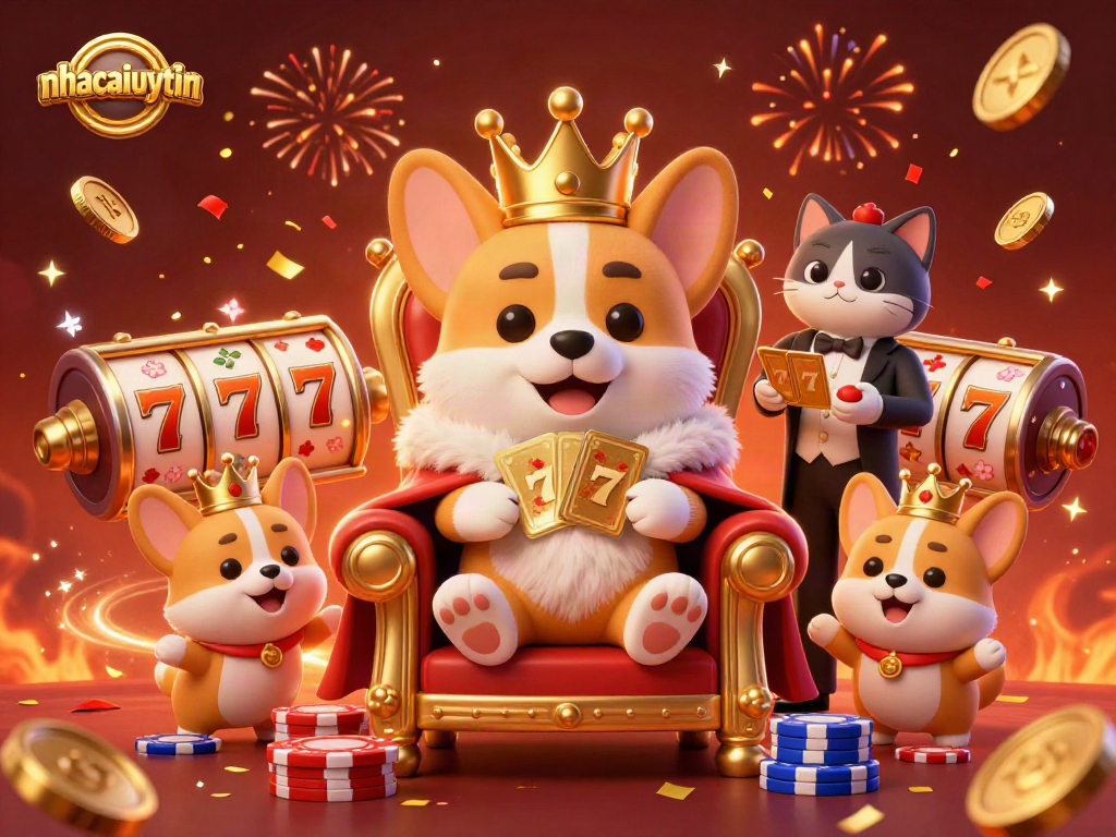 Experience excitement with nhacaiuytin's vibrant corgi-themed casino illustration, showcasing engaging slot elements and festive energy.