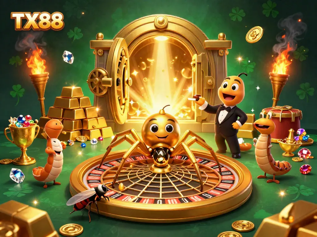 Experience the excitement of TX88 at the roulette wheel with dynamic characters and golden treasures