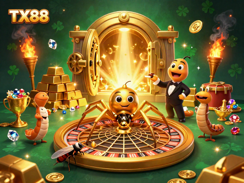 Experience the excitement of TX88 at the roulette wheel with dynamic characters and golden treasures