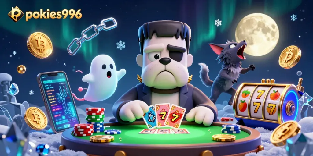 Engaging pokies996 scene with Frankenstein bulldog dealing cards under spooky lights, immersive casino elements.