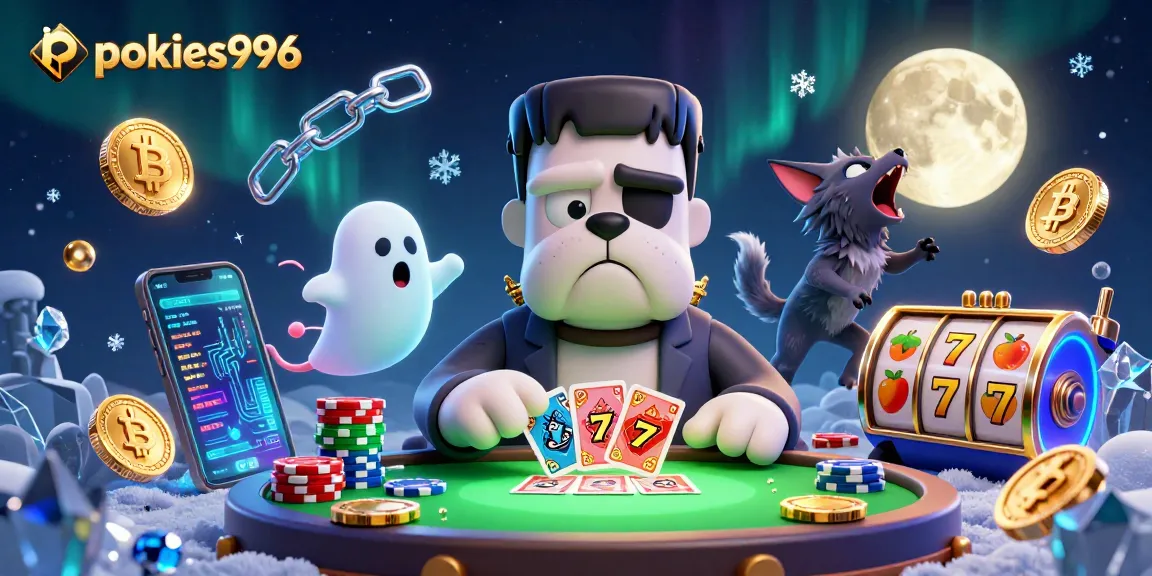 Engaging pokies996 scene with Frankenstein bulldog dealing cards under spooky lights, immersive casino elements.