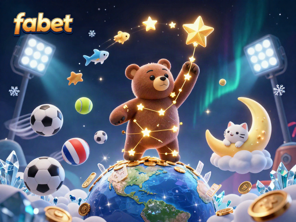 Experience exhilarating wins at fabet with a vibrant 3D casino scene filled with sparkling coins and dynamic sports elements.